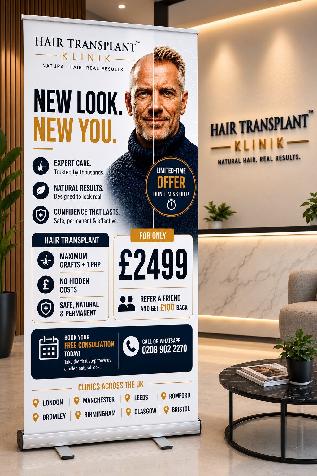 Hair Transplant Klinik offer: hair transplant with maximum grafts plus 1 PRP session for 2499 pounds, no hidden costs, clinics across the UK