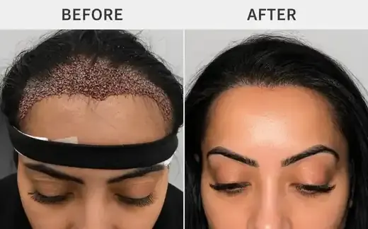 FUE hair transplant before and after, real female patient