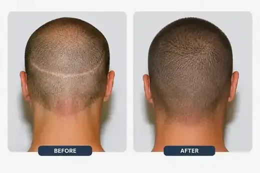 Hair transplant scar concealment before and after, real patient